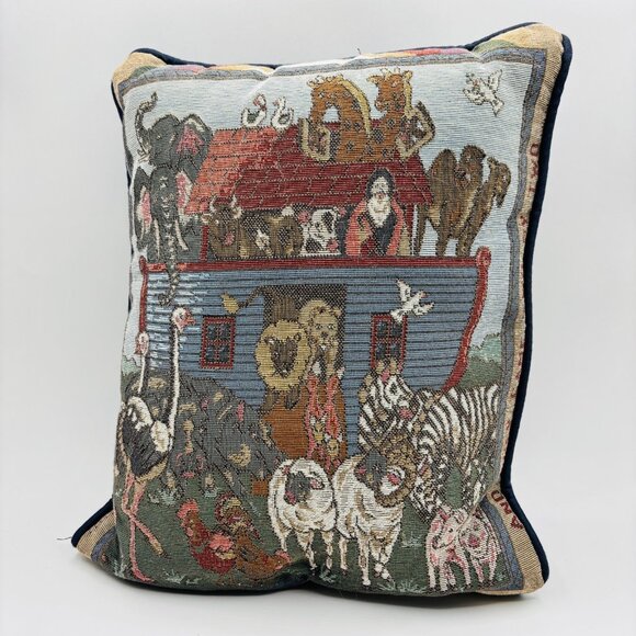 Noah’s Ark Tapestry Throw Pillow Decorative Cushion Animal Theme Vintage - Picture 1 of 6